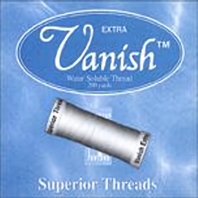 Vanish is a water soluble thread for use for machine or hand basting, trapunto, quilting, applique and heirloom sewing.
