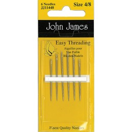 Package contains John James easy threading sharps needles in size 4, 6 and 8, 2 each.