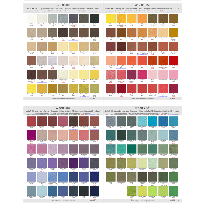 FREE - Add to your shopping cart to download the Wool Felt® Color Card of the available 166 colors.