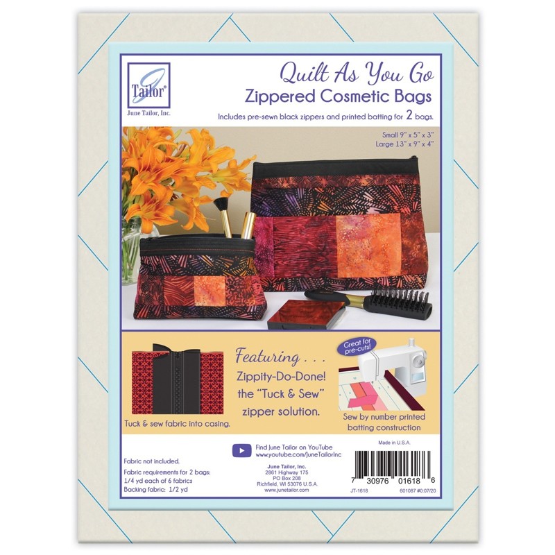 Quilt As You Go Zippered Cosmetic Bag Kits include pre-sewn zippers and printed batting for 2 bags – one large and one small