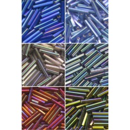 Japanese size 5 (12mm) silver-lined bugle beads with an AB finish.