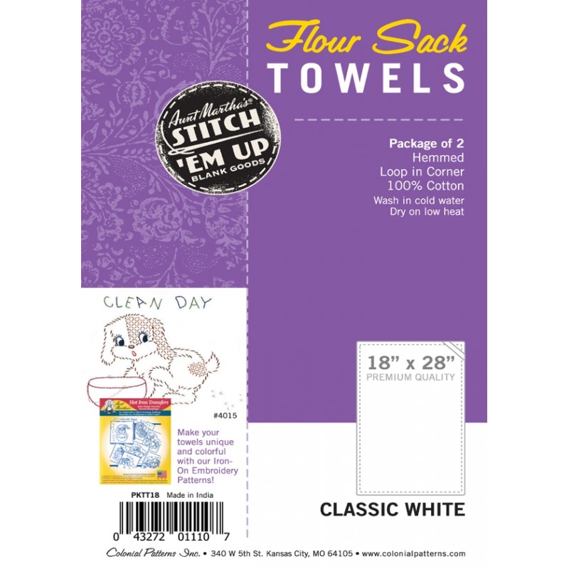 18" x 28" classic white Flour Sack Towels. 2-pack. Hemmed. Loop in corner. 100% cotton. Premium quality.