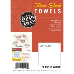 28" x 28" classic white Flour Sack Towels. 2-pack. Hemmed. Loop in corner. 100% cotton. Premium quality.