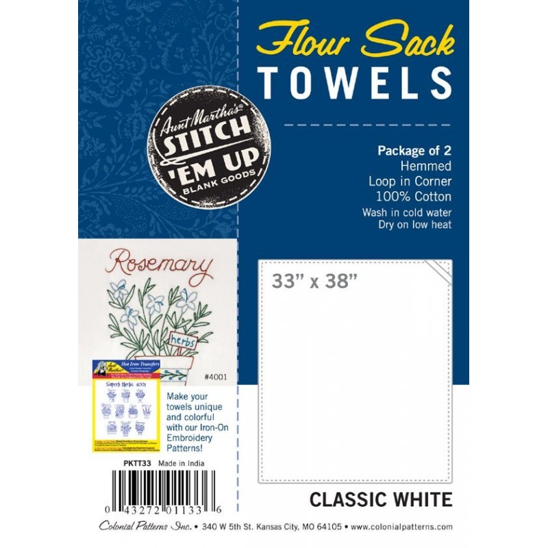33" x 38" classic white Flour Sack Towels. 2-pack. Hemmed. Loop in corner. 100% cotton. Premium quality.