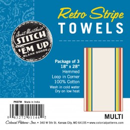 18" x 28" multi Retro Stripe Towels. 3-pack. Hemmed. Loop in corner. 100% cotton.