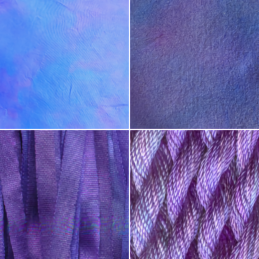 17 Jacaranda - Silk and wool fabrics, silk ribbons, and silk and cotton threads. Ribbon/Ophir sample shown for color.