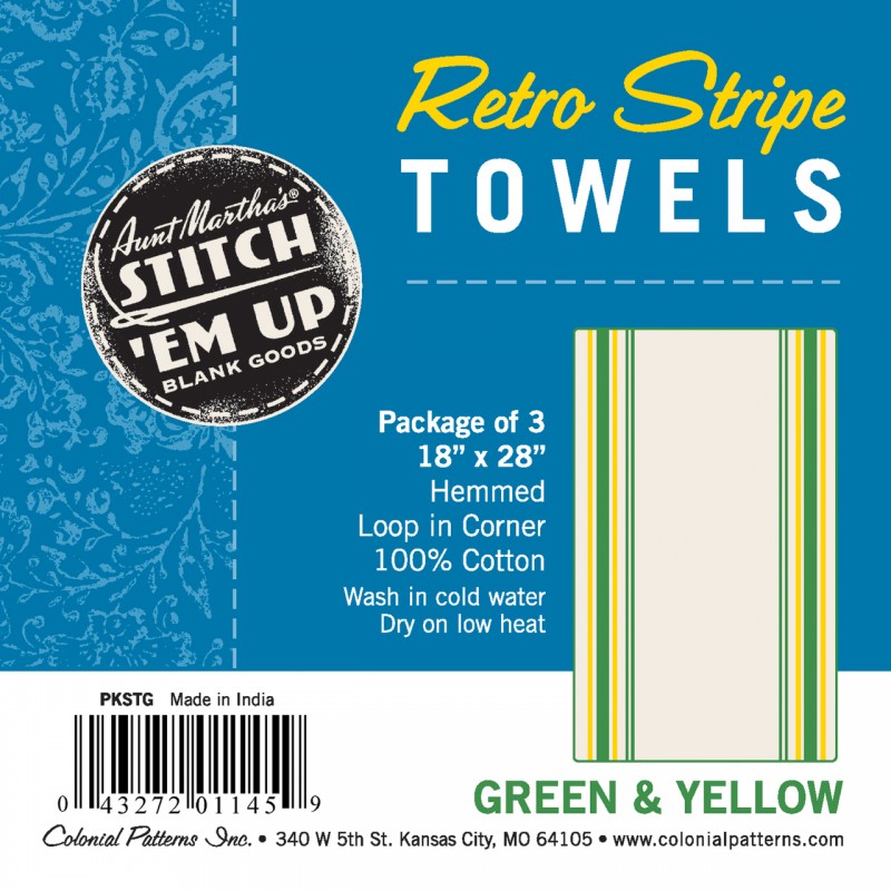 18" x 28" green and yellow Retro Stripe Towels. 3-pack. Hemmed. Loop in corner. 100% cotton.