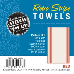 18" x 28" red Retro Stripe Towels. 3-pack. Hemmed. Loop in corner. 100% cotton.