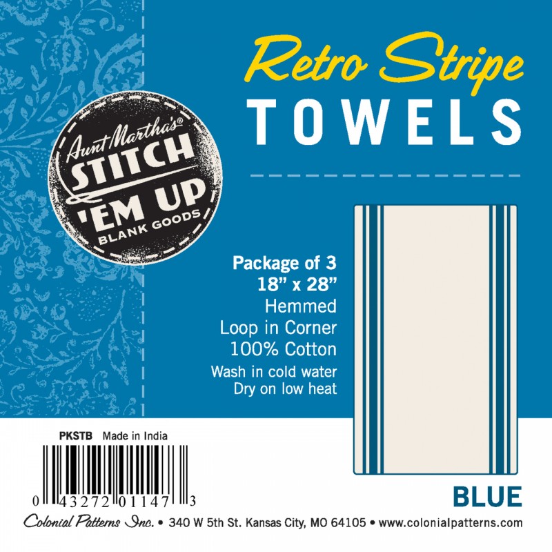 18" x 28" blue Retro Stripe Towels. 3-pack. Hemmed. Loop in corner. 100% cotton.