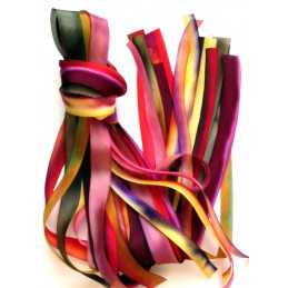 Lot of Hanah Hand Dyed Bias Cut Silk Ribbon for embroidery in warm colors.