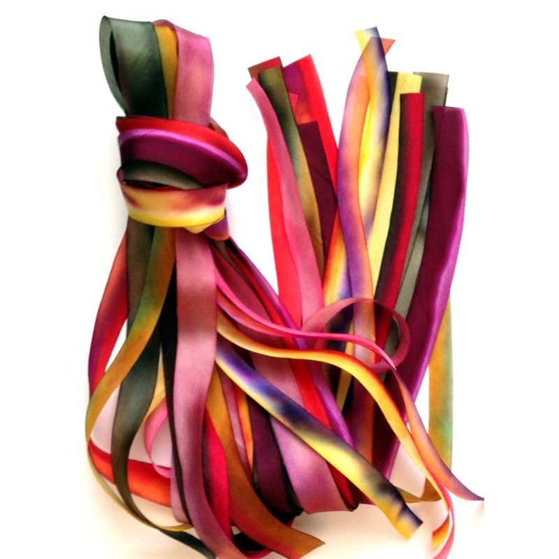 Lot of Hanah Hand Dyed Bias Cut Silk Ribbon for embroidery in warm colors.