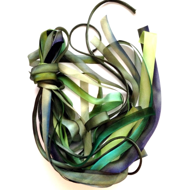Lot of Hanah Hand Dyed Bias Cut Silk Ribbon for embroidery in greens.