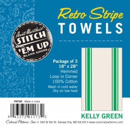18" x 28" kelly green Retro Stripe Towels. 3-pack. Hemmed. Loop in corner. 100% cotton.