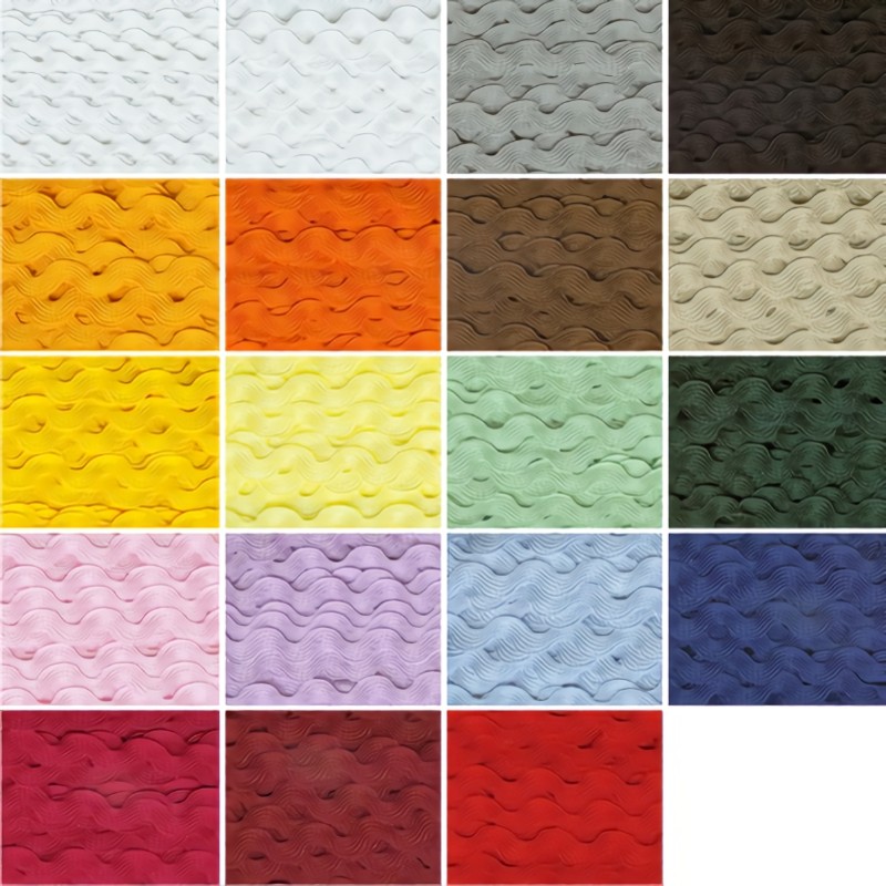 Set of 18 colors of 100% rayon 3/8" rick rack. One yard cut of each of the 18 colors plus 1/4" white rick rack.
