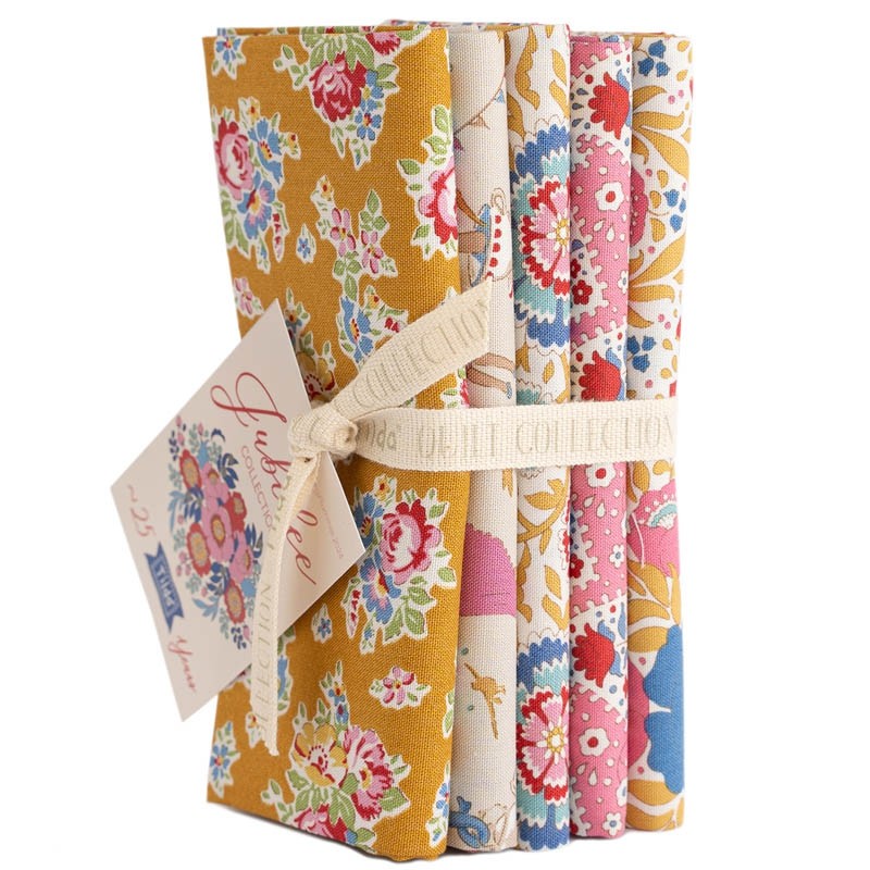 The Jubilee Collection Fat Quarter Bundle-Mustard/Pink from Tilda® Fabrics has 5 fat quarters, each 20" x 22".