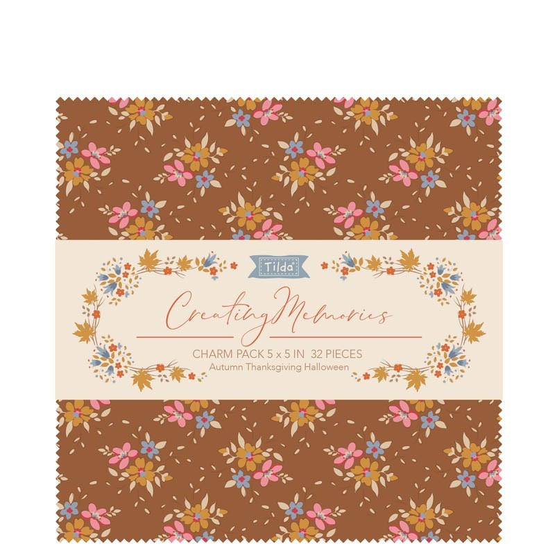 The Creating Memories Charm Pack - Autumn, Thanksgiving and Halloween from Tilda® Fabrics has 32 5" squares. Two of each design.